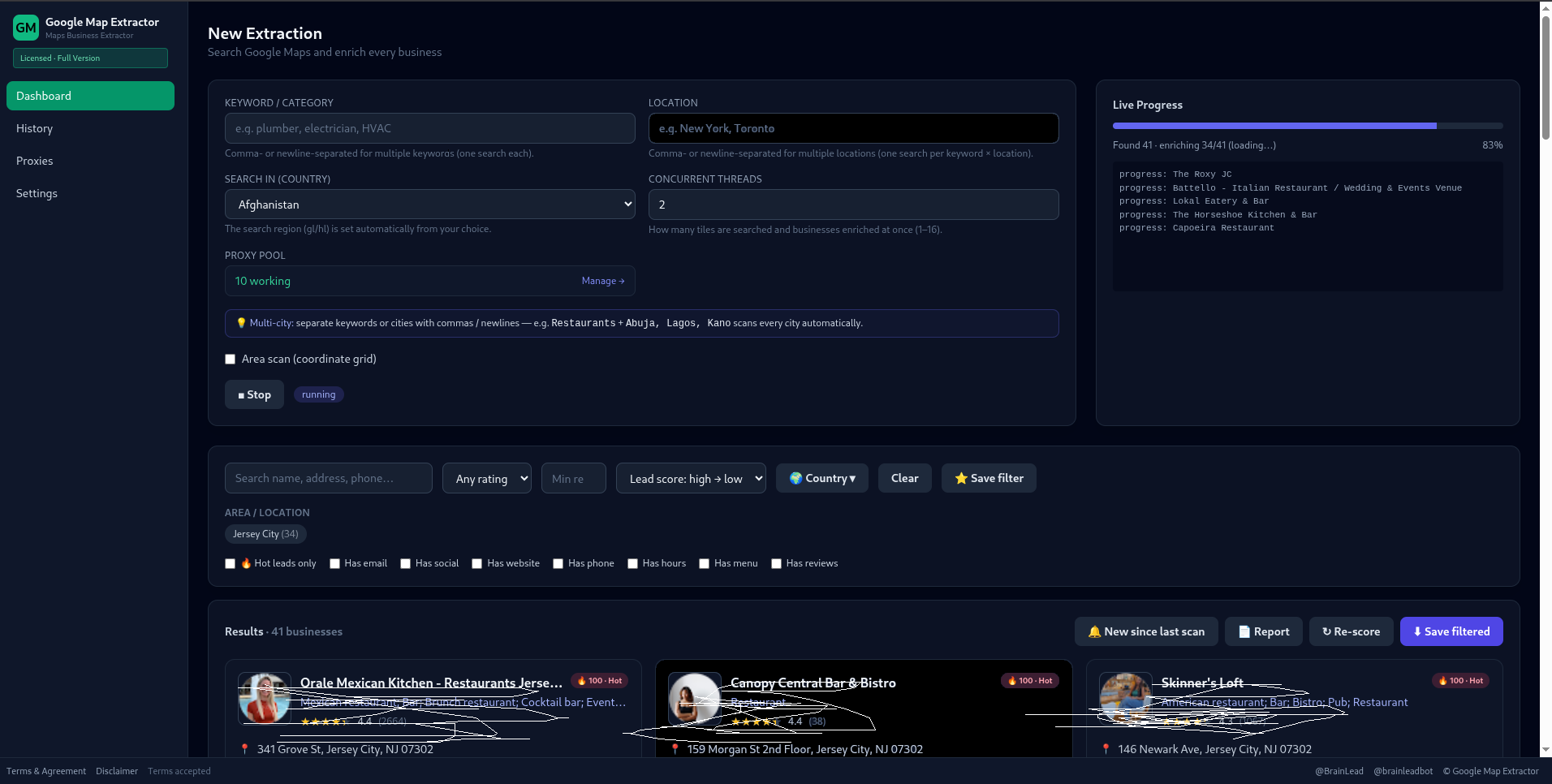 Google Map Extractor: search controls, progress, and business results
